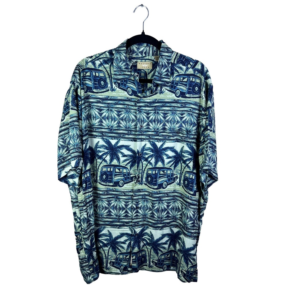 Natural Issue Woody Wagon Hawaiian Shirt Men Large Green Coastal